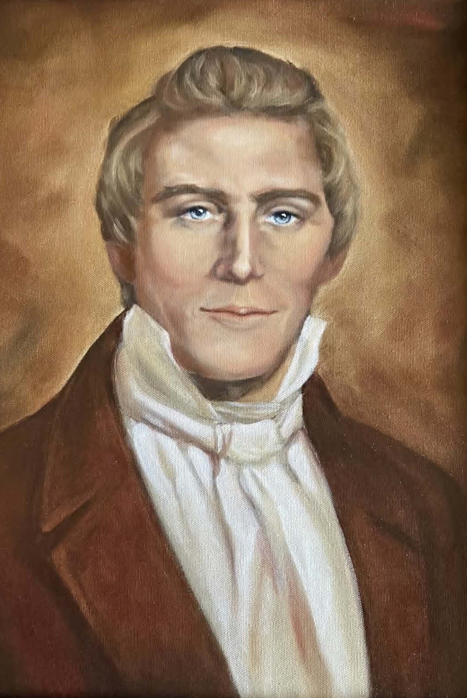 Oil portrait of a fair-haired man in a brown coat and white cravat against a warm brown ground
