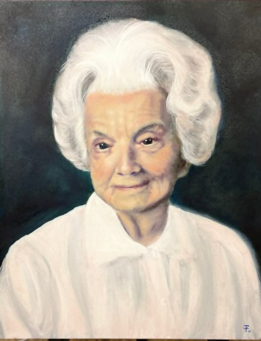 Oil portrait of an elderly woman with white hair and a white blouse, luminous against a near-black ground