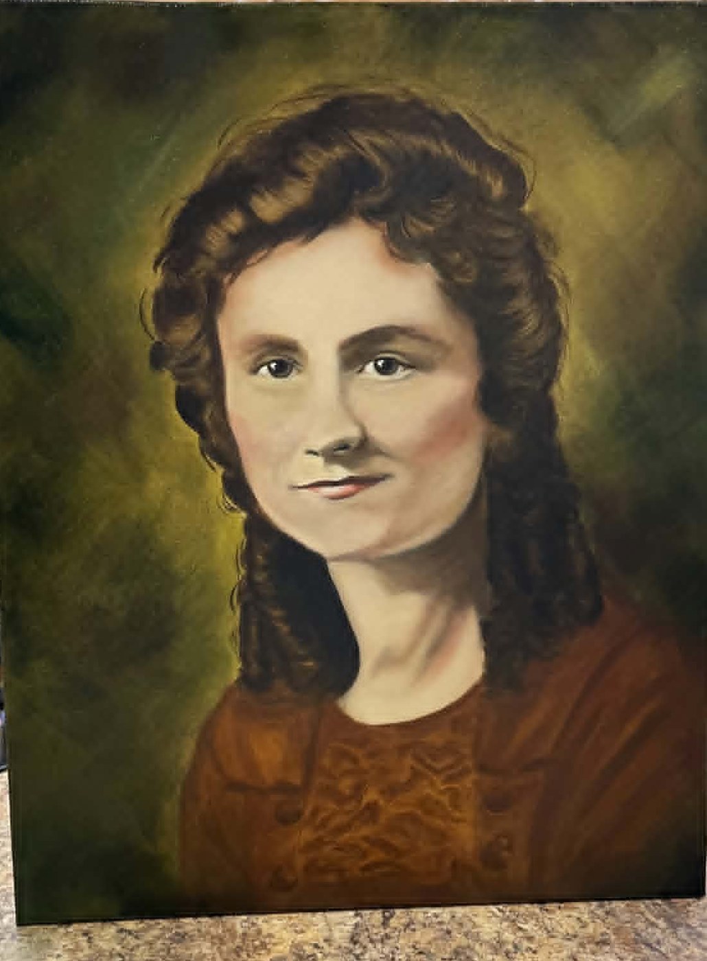 Oil portrait of a woman with curly brown hair in a rust and ochre dress against an olive-gold ground