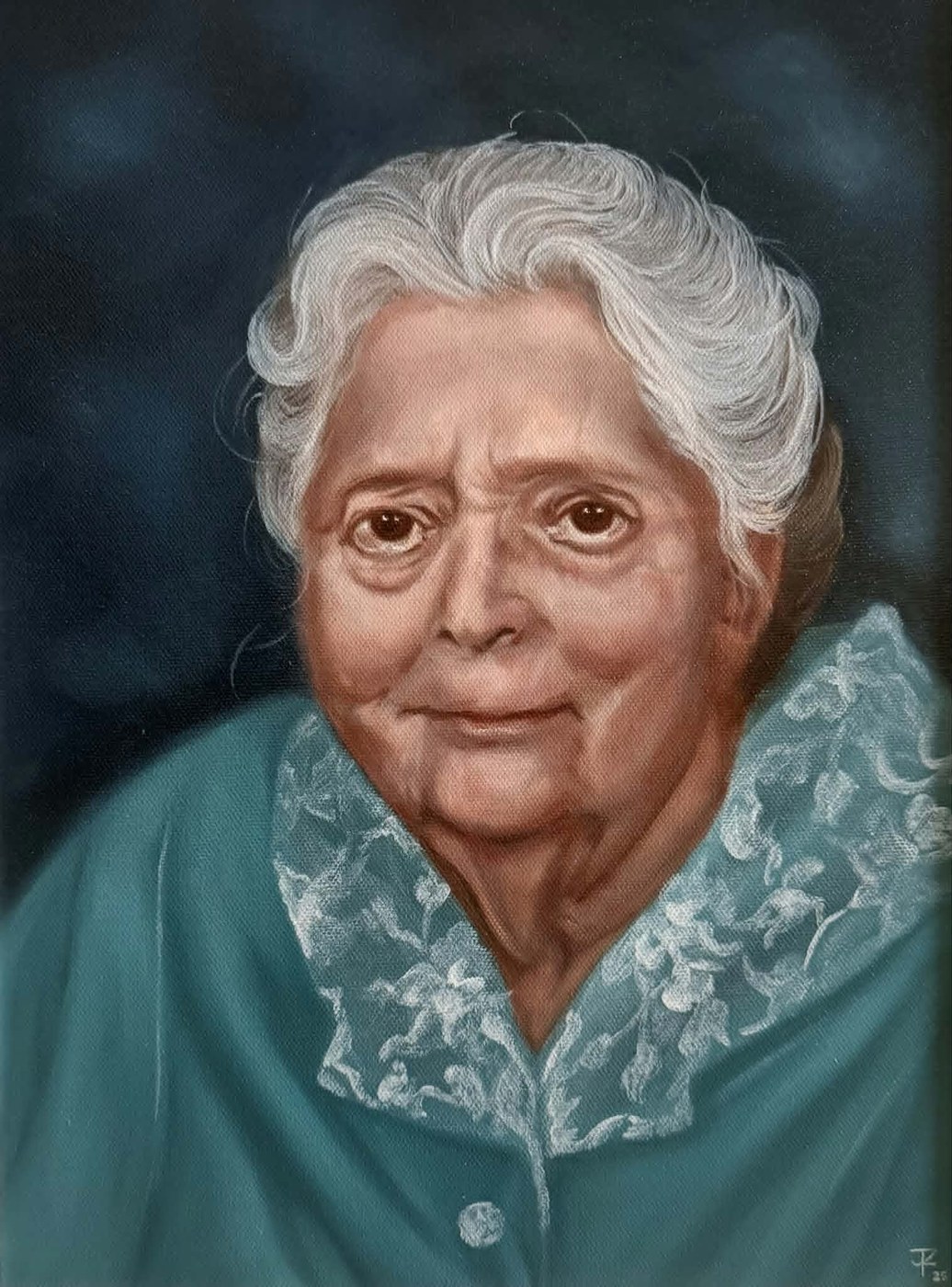 Oil portrait of an elderly woman in a teal dress with a white lace collar against a dark ground