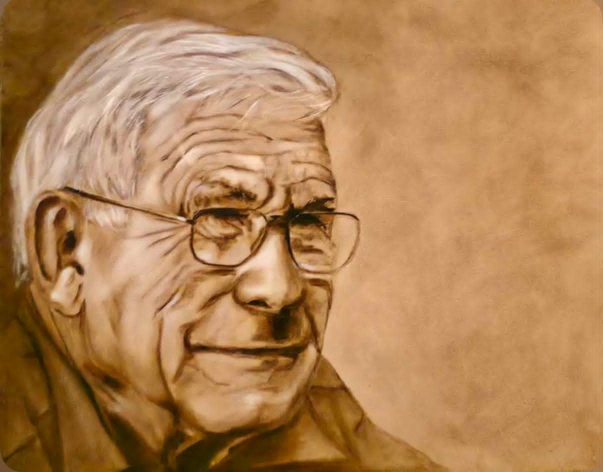 Oil portrait of an older man with glasses, painted as a study in sepia and umber monochrome